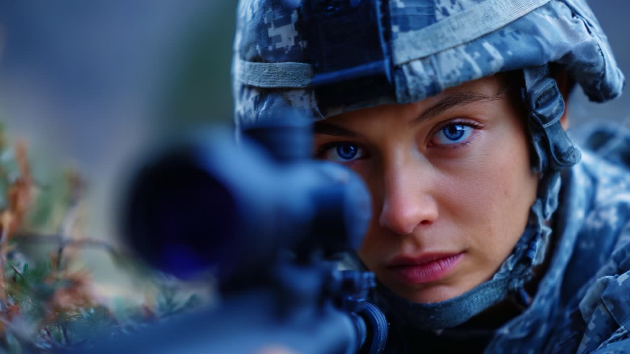 Una soldatessa concentrata che punta il suo fucile da cecchino, mostrando determinazione e precisione in un contesto militare ed evidenziando forza e coraggio durante la missione