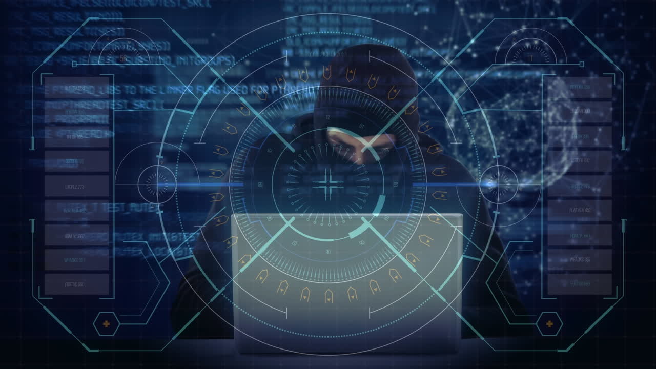 animación del procesamiento de datos sobre un hacker con una computadora portátil
