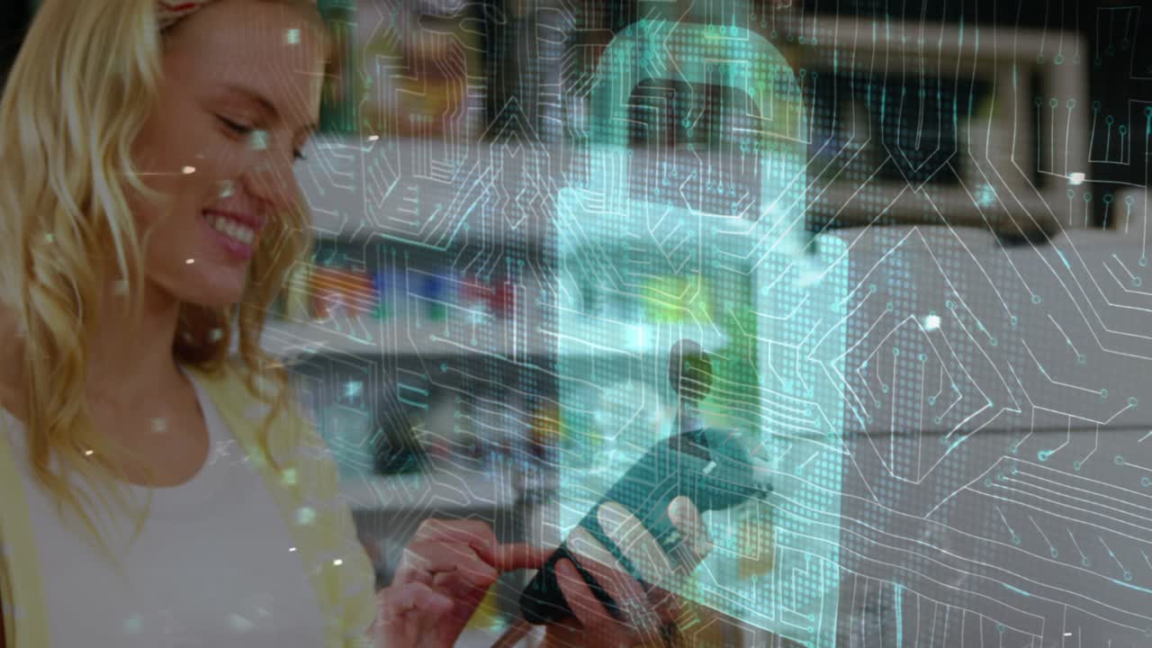 animación del candado de seguridad de la red sobre las personas que utilizan el terminal de pago