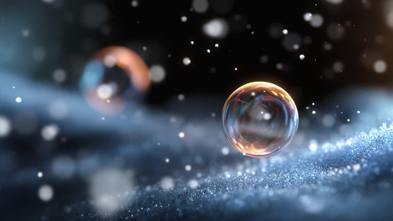 Affascinante primo piano di bolle circondate da fiocchi di neve scintillanti e da un effetto di sfondo sognante, che evoca un senso di meraviglia e fantasia in un'atmosfera magica.