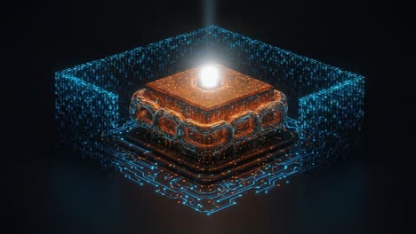 a futuristic processor surrounded by glowing circuitry and data streams, representing advanced technology and innovations in computing and processing power