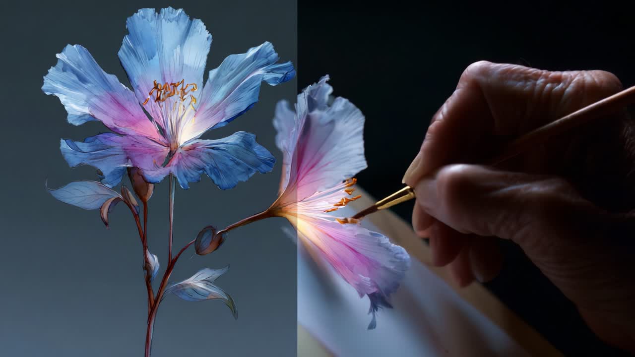 A Creative Journey of Artistic Expression: Capturing the Essence of a Beautiful Flower Through Delicate Brushstrokes and Vibrant Colors in Each Frame of the Video Art