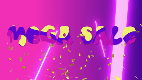 animación de texto y formas de mega venta en fondo rosa y azul.