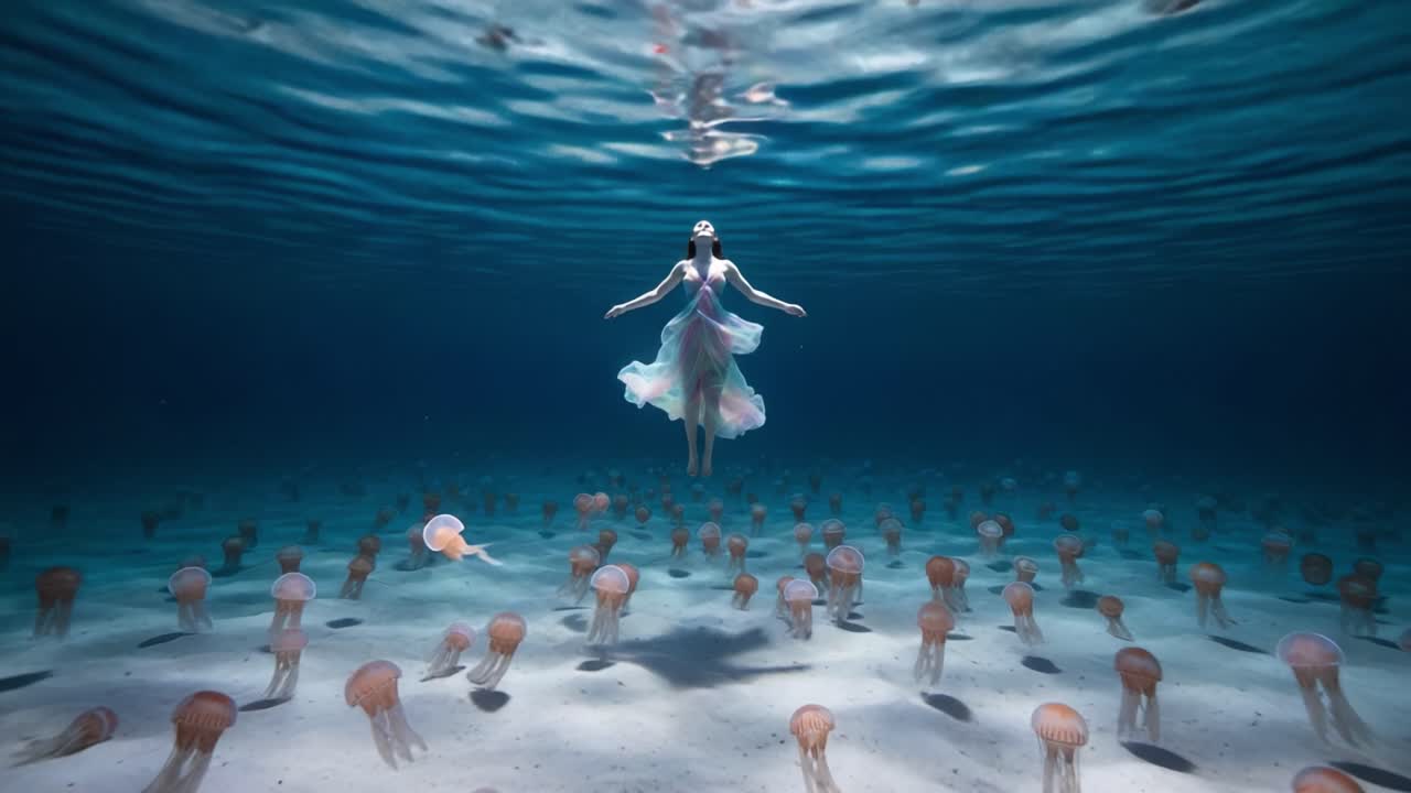 A Dreamlike Underwater Scene Featuring a Woman Gracefully Floating Amidst a Mesmerizing Field of Colorful Jellyfish in the Crystal-Clear Ocean Waters