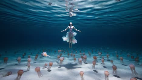 a dreamlike underwater scene featuring a woman gracefully floating amidst a mesmerizing field of colorful jellyfish in the crystal-clear ocean waters