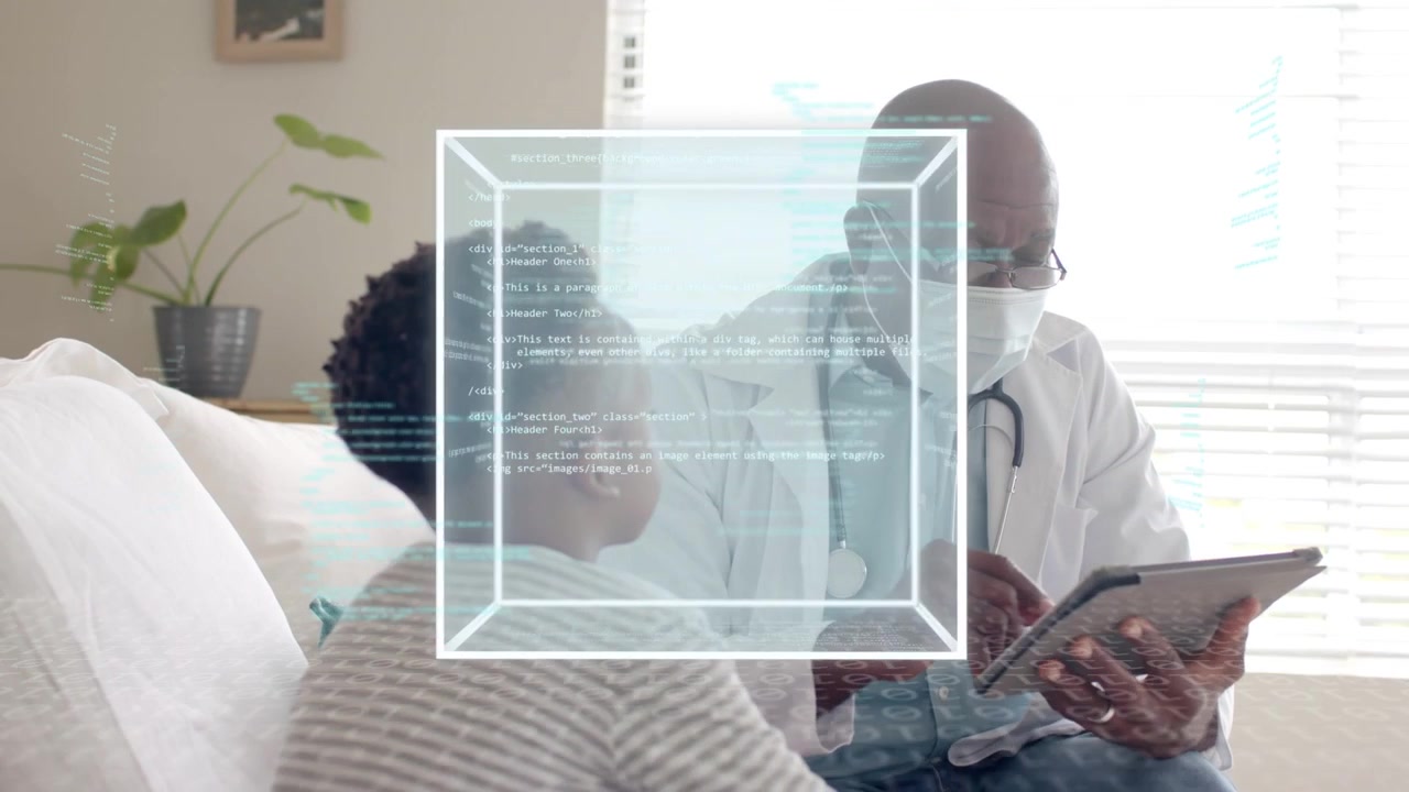 Senior doctor tapping tablet causing 3D cube growth between them, showing health data at home