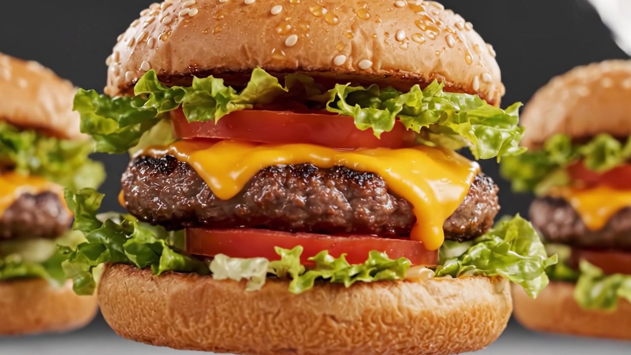 Tre lækre gourmetburgere med ost, salat og tomat, der svæver elegant mod en dramatisk sort baggrund i en fængslende visuel præsentation