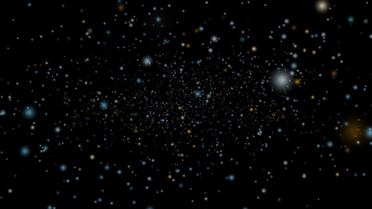 zoom en el espacio profundo oro nieve y hielo polvo de estrellas flotando lentamente y se desvaneció en la pantalla negra