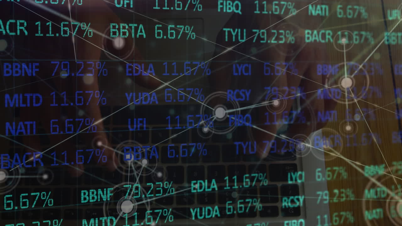 Digital composite animation shows trading data and typing hands, highlighting tech and market.