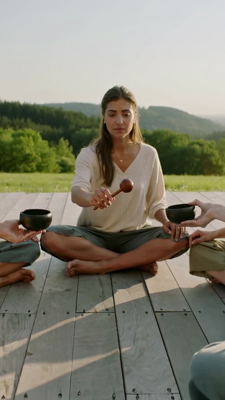 Woman lowering mallet and circling singing bowl on deck, animated waves guiding wellness session