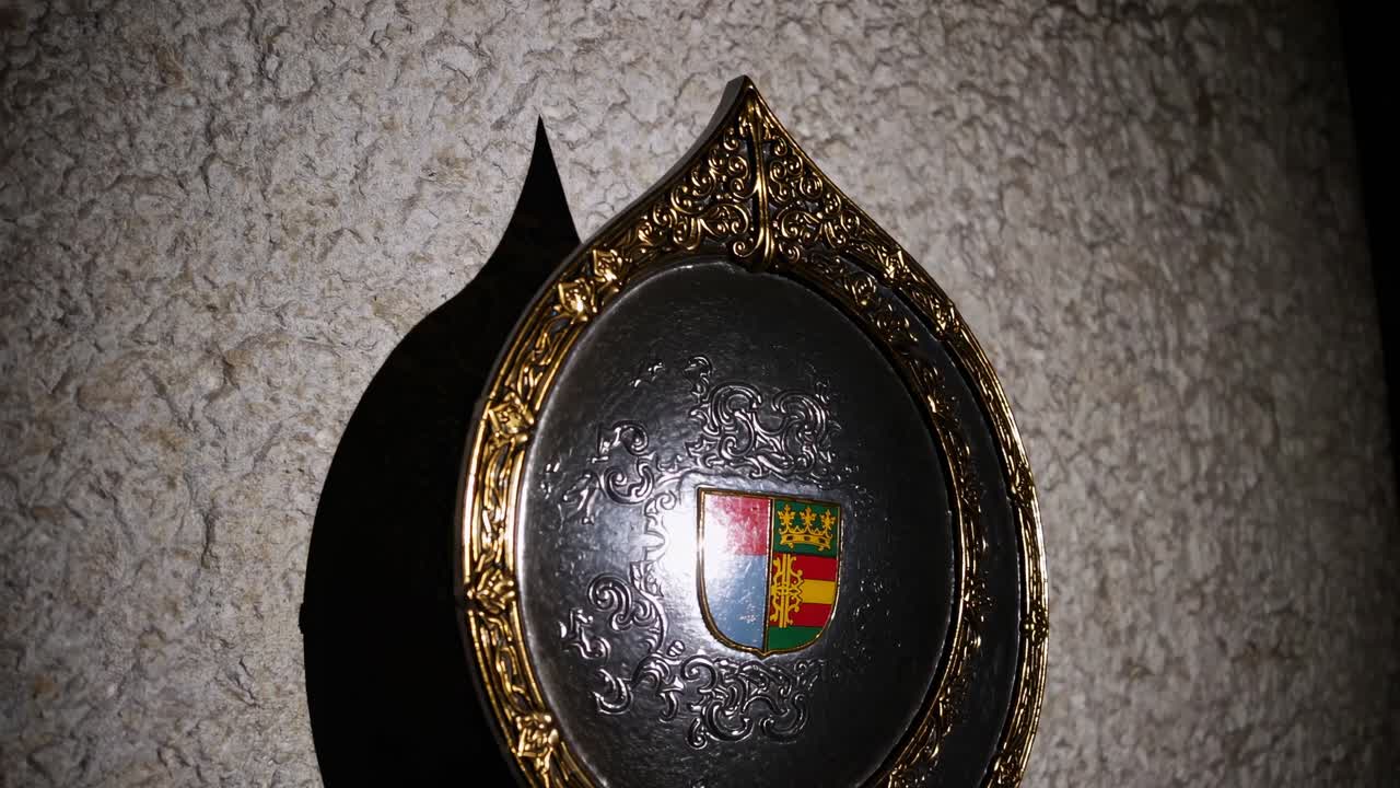 Close-up video of an ornate shield with a coat of arms, captured at an angled perspective