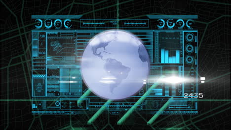 Globo-Giratorio-Con-Animación-De-Procesamiento-De-Datos-Sobre-Interfaz-Digital-Y-Gráficos