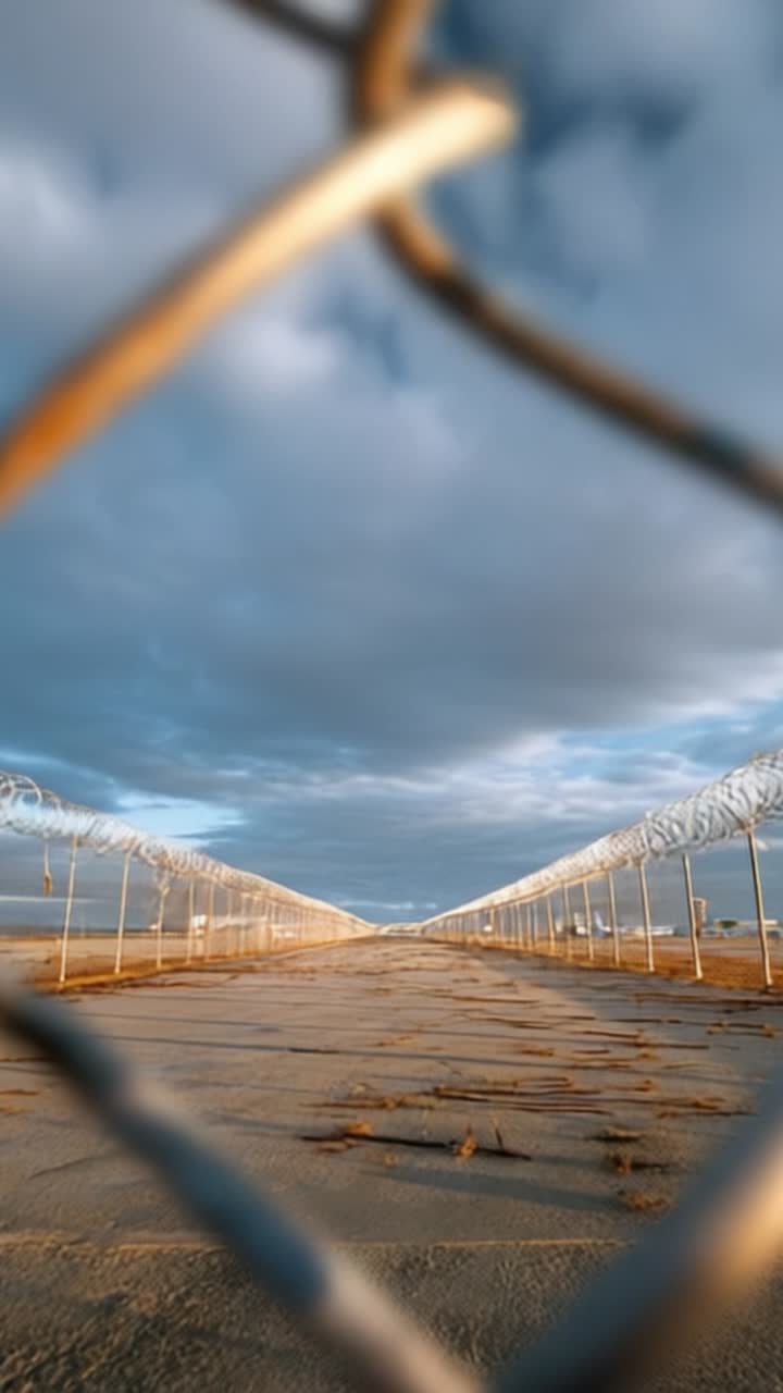 Una vista accattivante attraverso le linee di una recinzione verso un orizzonte vuoto al tramonto, evidenziando la struttura e il cielo in una composizione paesaggistica mozzafiato