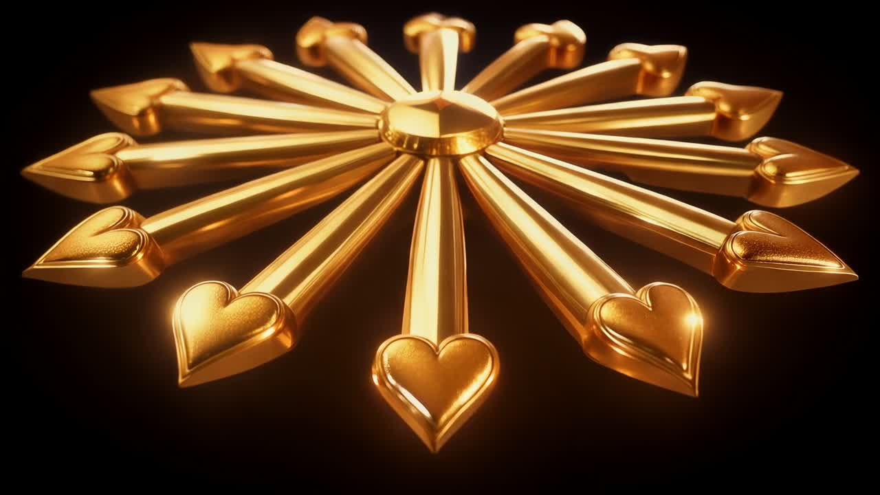 Moving camera approaching gold radial ornament in studio, revealing heart-tipped spokes' surface
