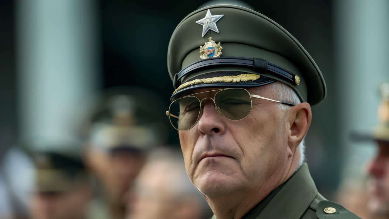 Military officer wearing peaked cap with star, dark aviator sunglasses, standing at rigid attention during official military event, displaying professional demeanor