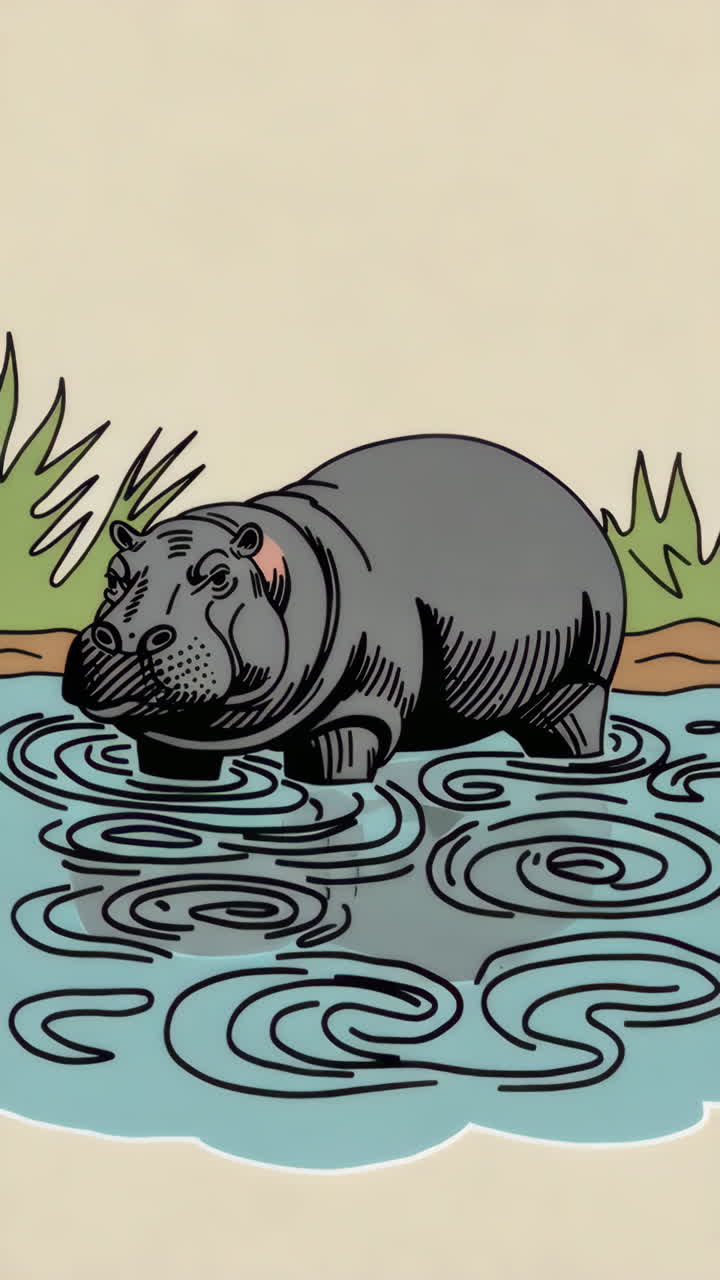 Hippopotamus in a River Illustration