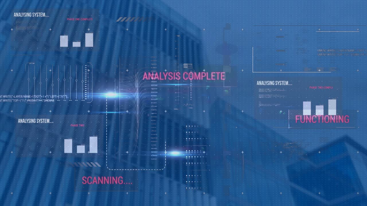 Animation of interface with data processing and light spots against low angle view of tall buildings