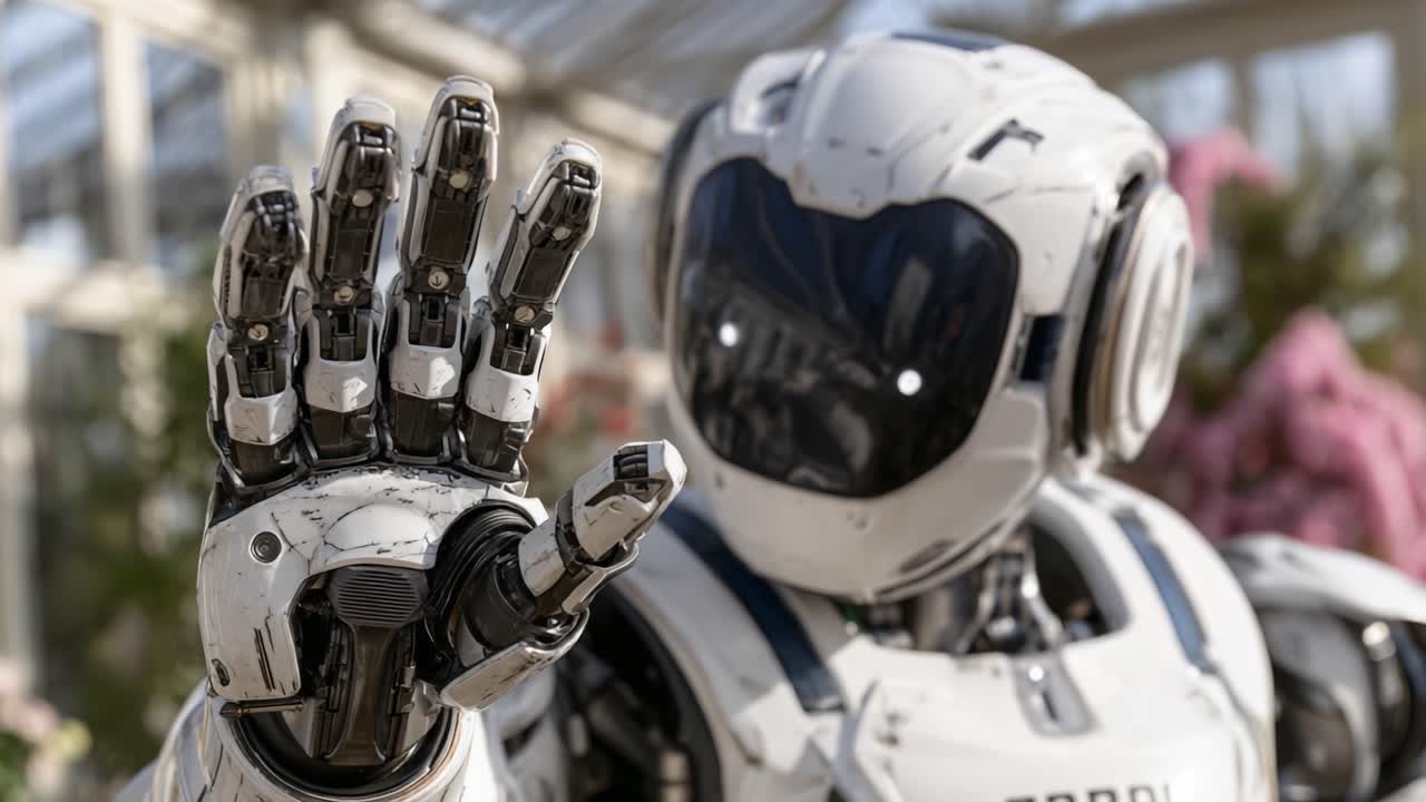 Sakin Bir Bahçe Ortamında Fütüristik Bir Robot, Dostça Bir Jestle İleri Teknolojiyi ve İnsan-Robot Etkileşimini Sergiliyor