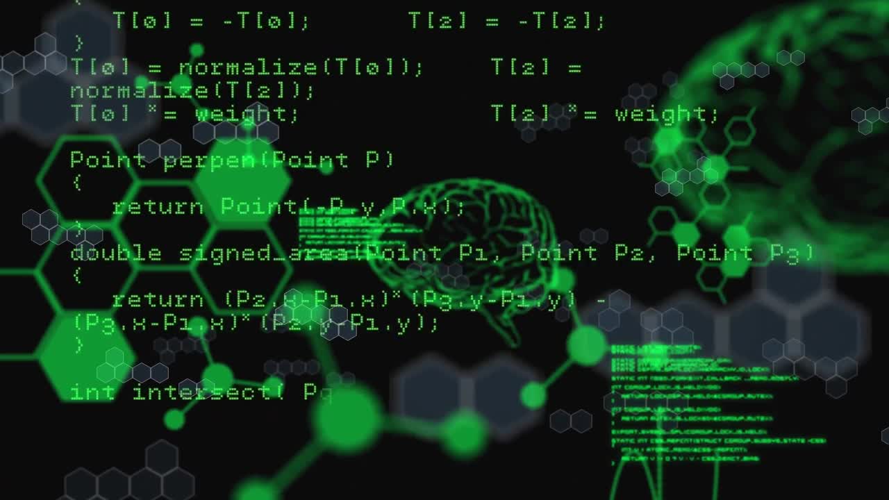 Animation of computer and scientific data processing on black background