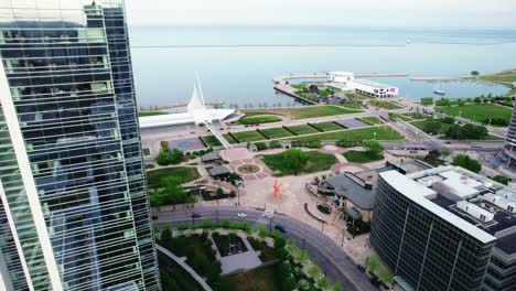 beautifully revealing michigan milwaukee lakefront behind a reflective building