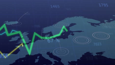 Animation-Von-Diagrammen-Zur-Datenverarbeitung-über-Einer-Europakarte-Und-Netzwerkknoten