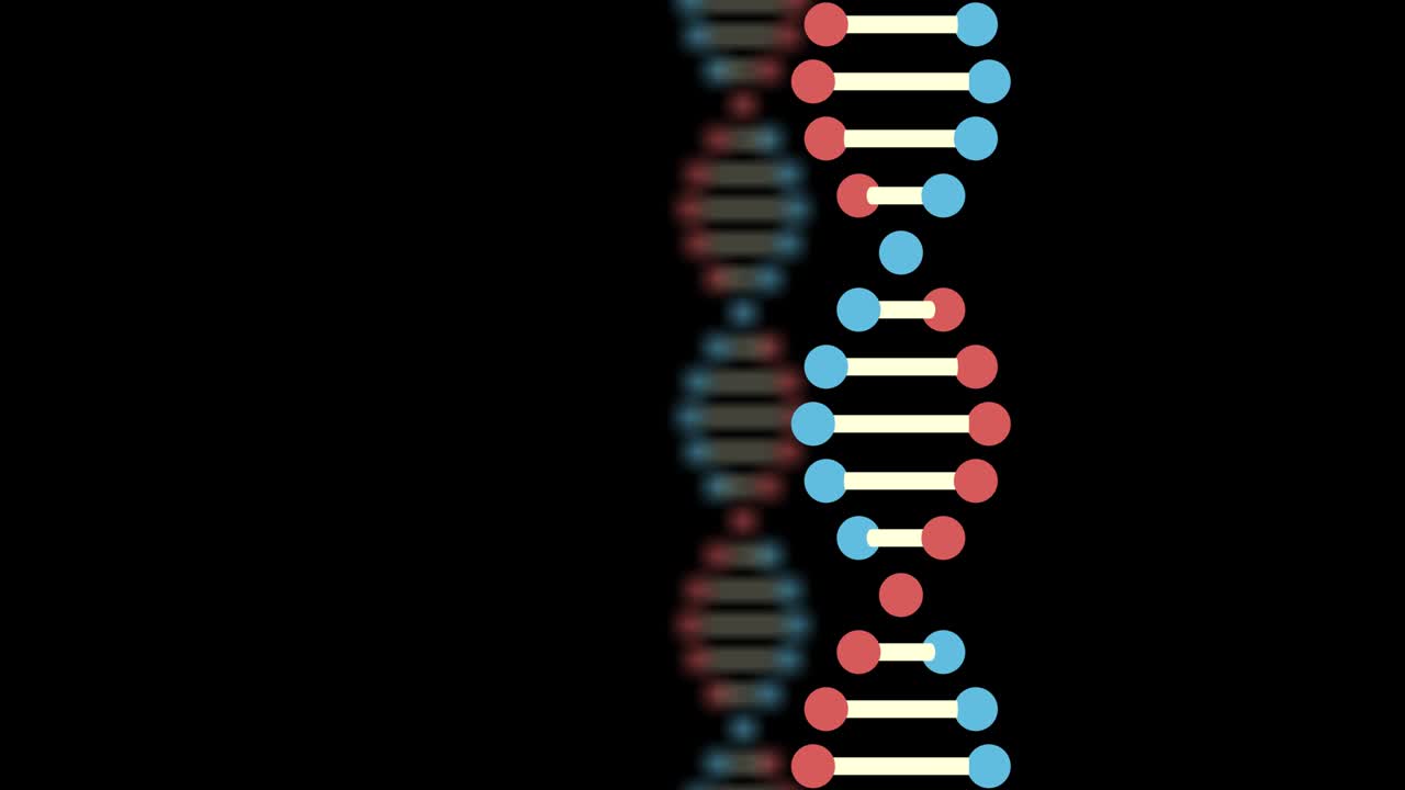 2D animation of two DNA on a black background. The focus is on the front. The background is blurred. Truck shot from right to left. 60FPS