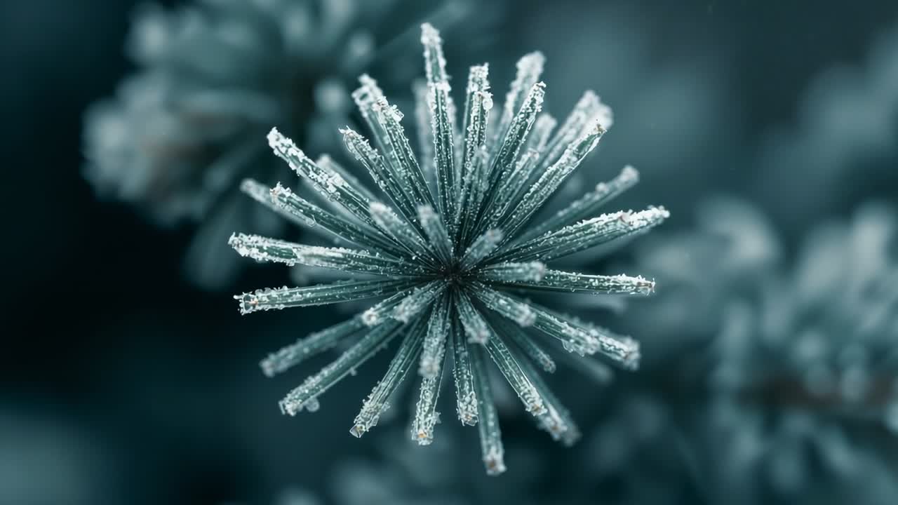 Opening shot revealing frost-crystal-covered spiky sphere rotating in macro shot to reveal facets