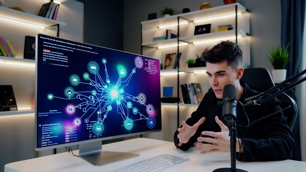 Man Discussing Technology on Computer Screen