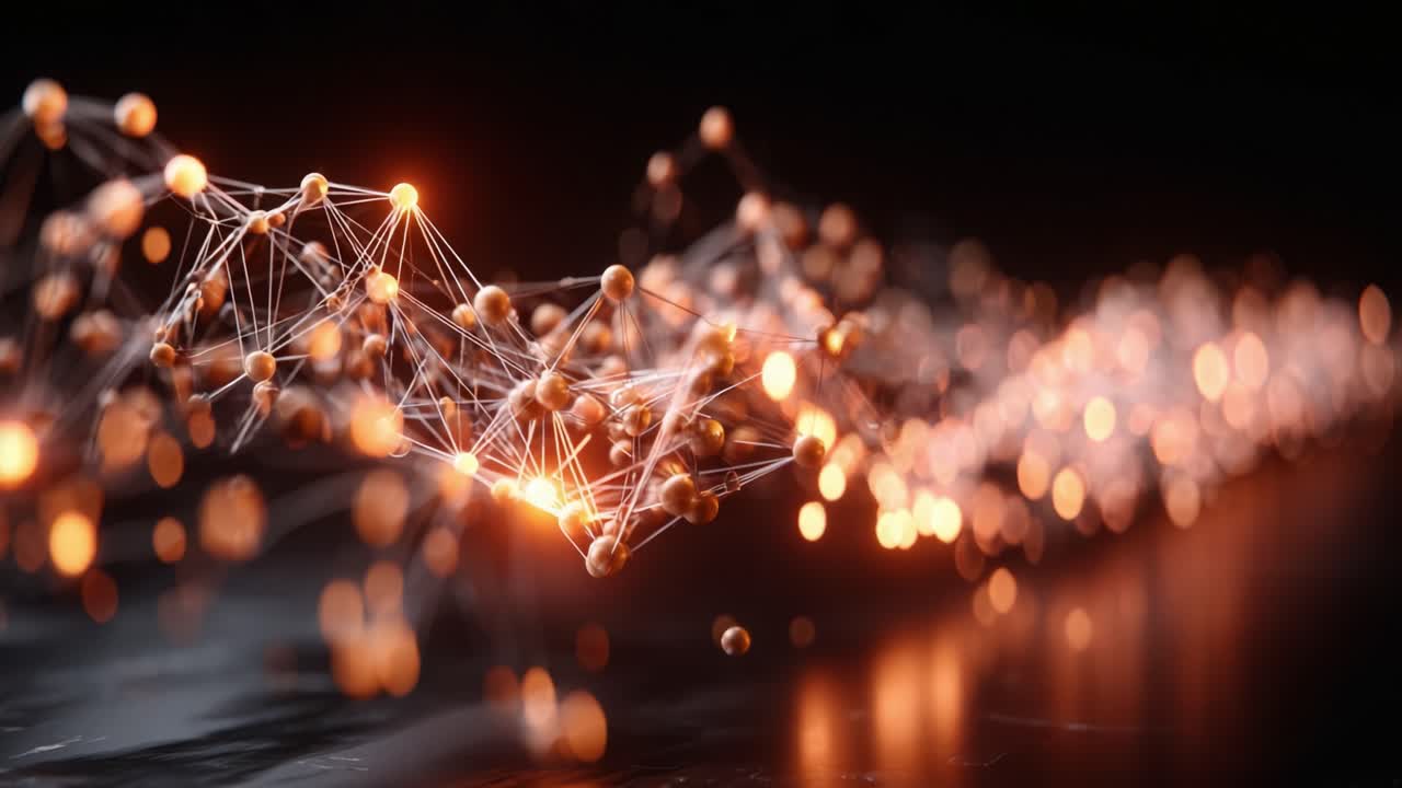 Dynamic Visualization of Abstract Data Flow Depicting Interconnected Nodes and Vibrant Light Patterns in a Dark Background Representing Innovation and Technology