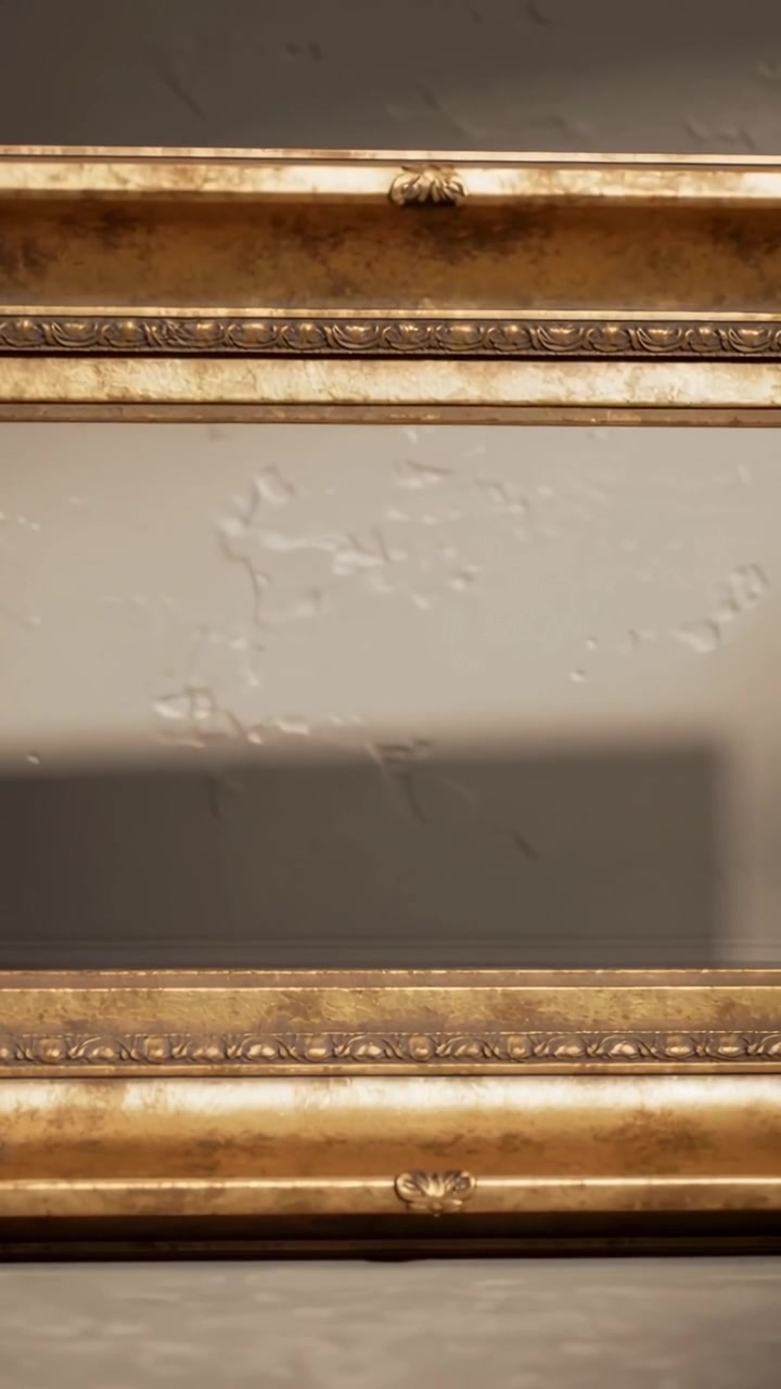 Vertical video: Panning camera revealing gold frame in interior room, wall shifting, shadow moving