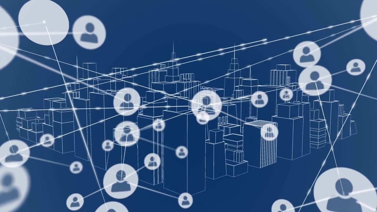 Animazione di una rete di connessioni su un paesaggio urbano del metaverso su sfondo blu scuro