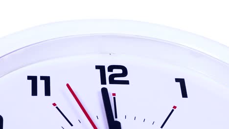 close up of a white wall clock at 12 with a ticking arrow, isolated on white background
