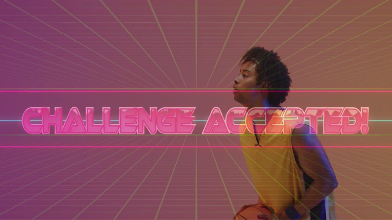 Animation of challenge accepted text over neon pattern and biracial basketball player