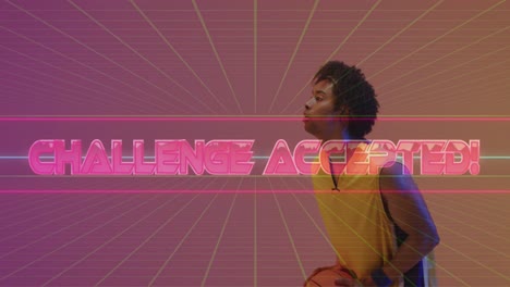 animation of challenge accepted text over neon pattern and biracial basketball player