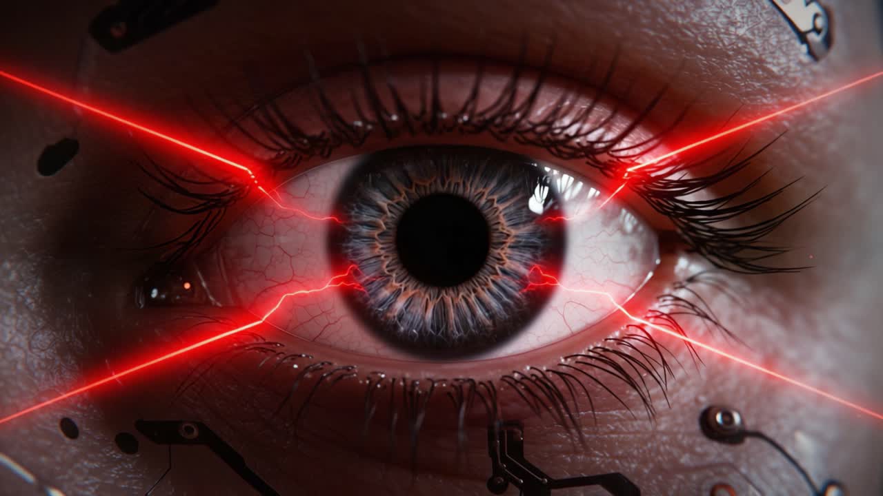 A Futuristic Cybernetic Eye Emitting Red Lasers: A Stunning Exploration of Technology and Vision Intersecting in an Advanced Digital Landscape