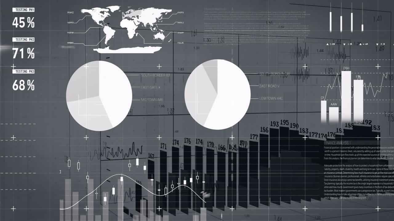 Graphs and charts animation over world map and data analytics