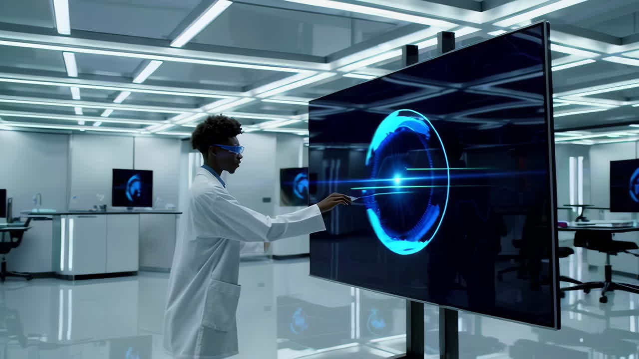 Scientist interacting with futuristic holographic displays in a modern research laboratory.