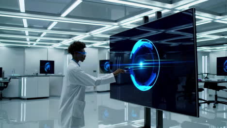 scientist interacting with futuristic holographic displays in a modern research laboratory.