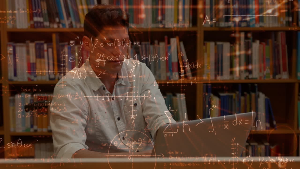 animación de fórmulas matemáticas sobre el estudiante caucásico
