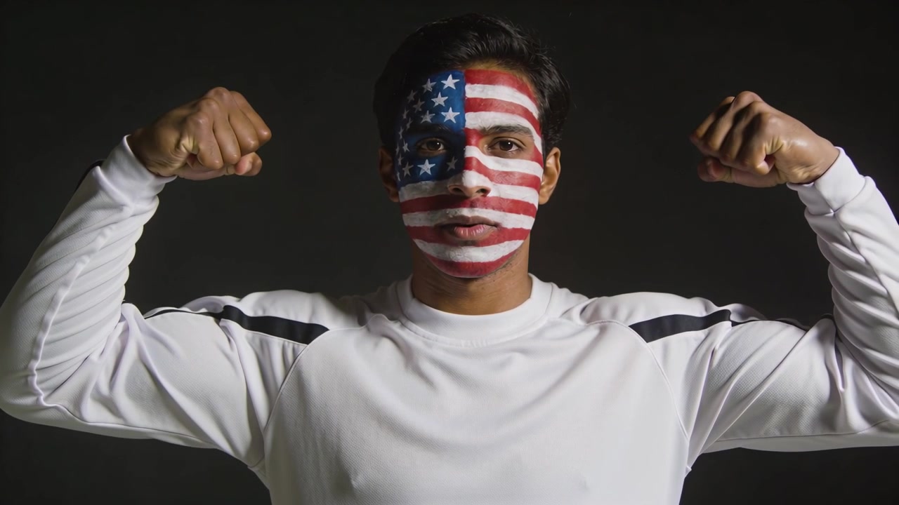 Mengangkat tangan sesuai isyarat, pria dengan cat wajah bendera Amerika memamerkan otot di studio mengenakan kaus lengan panjang putih.