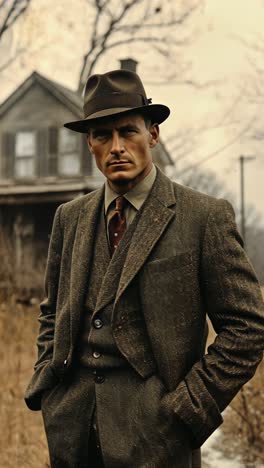 fashionable man in vintage suit poses near an old house in autumn