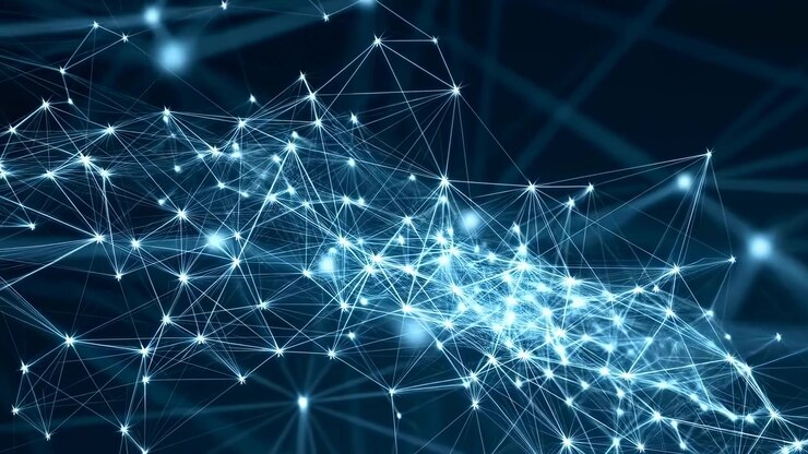 Nodi di rete luminosi formano una maglia complessa su un campo scuro, punti e linee interconnessi luccicano, fitta.