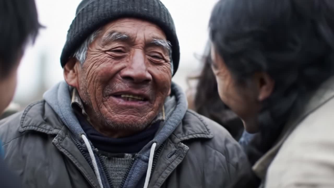 An elderly man smiles broadly while interacting with friends in a cold rural village environment. The warmth of camaraderie and laughter creates a heartwarming atmosphere despite the chilly weather.