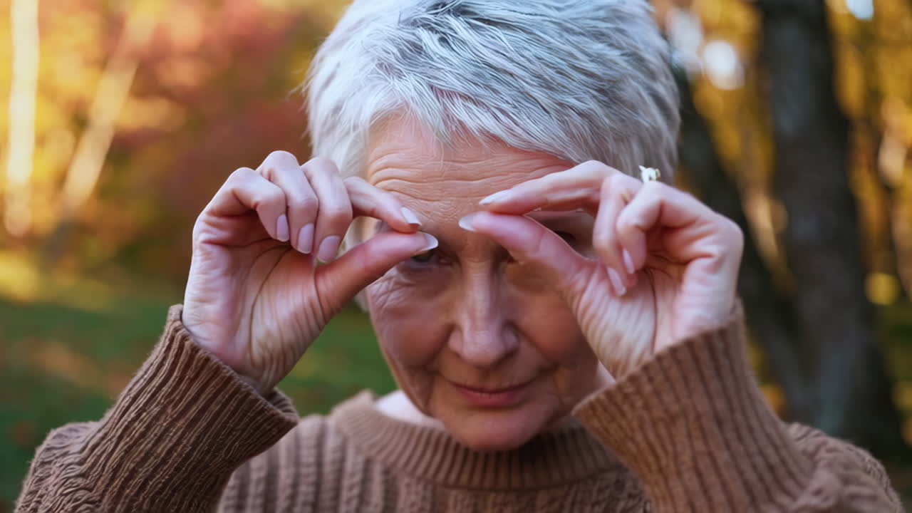 Senior Woman Demonstrating Small Size with Hand Gesture Outdoors