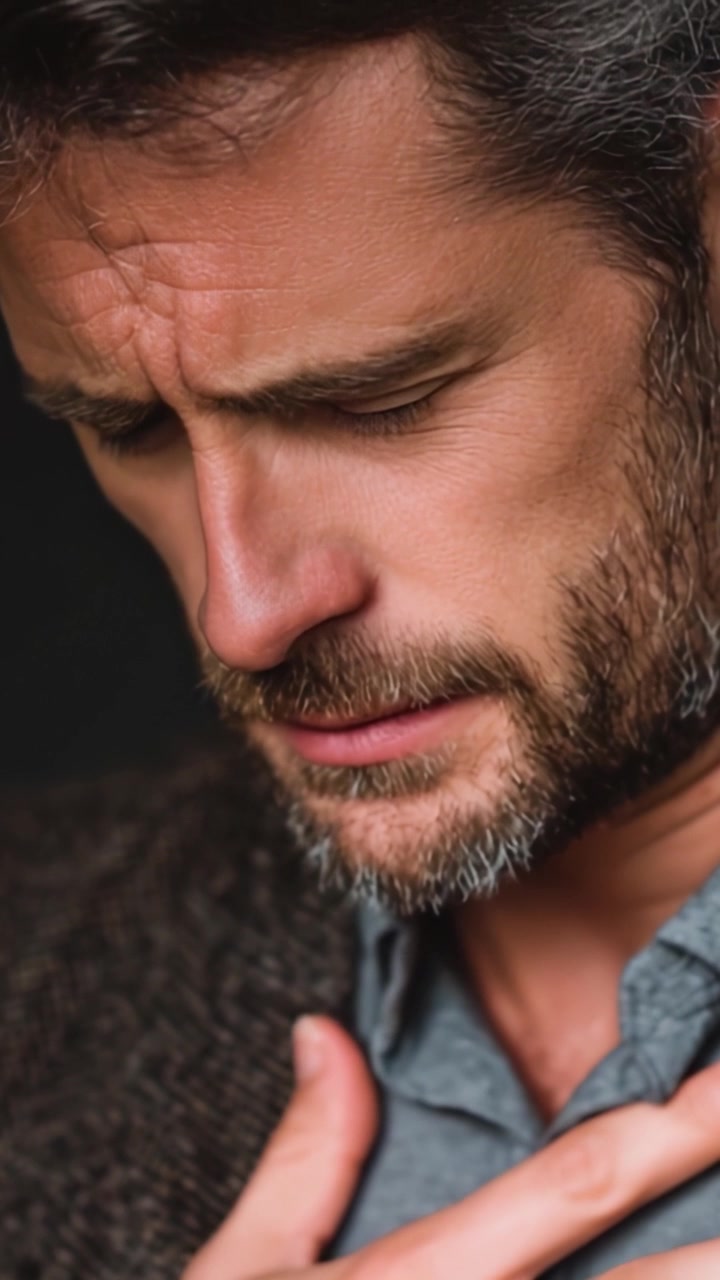 Um Momento Contemplativo: Um Close-Up de um Homem Expressando Profunda Reflexão e Emoção, Capturado em uma Pose Pensativa e Introspectiva