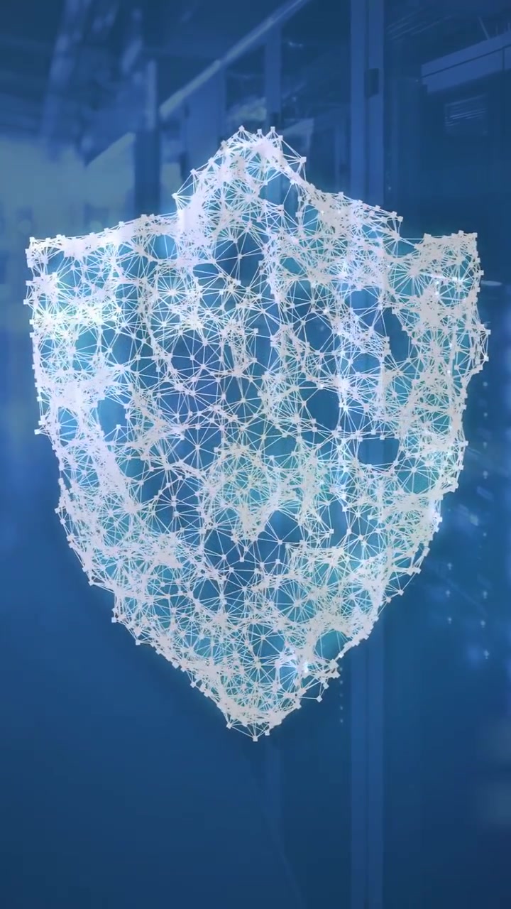 Vertical video: Scrolling code initiating shield forming to guard racks then fraying to dust in DC