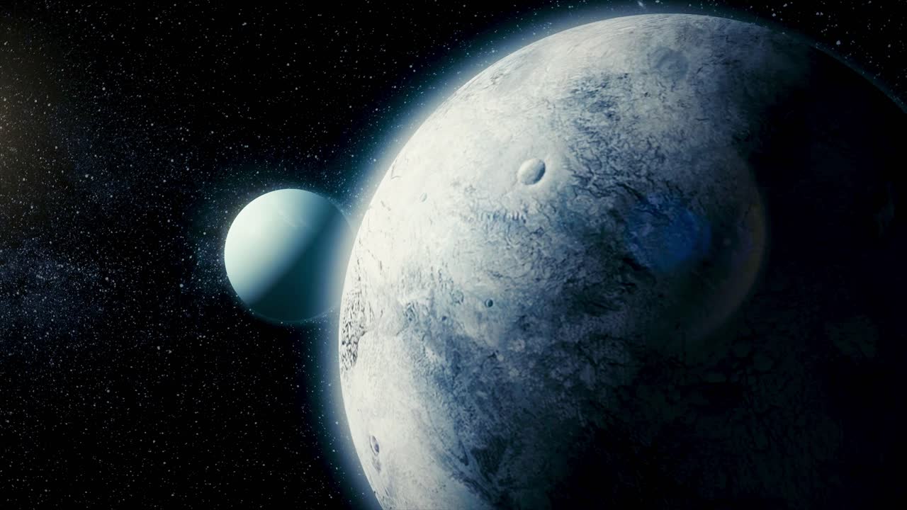 una luna helada solitaria orbita un planeta lejano en un cielo oscuro y estrellado