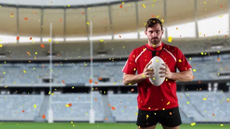 jugador de rugby profesional de pie frente a un estadio con confeti cayendo