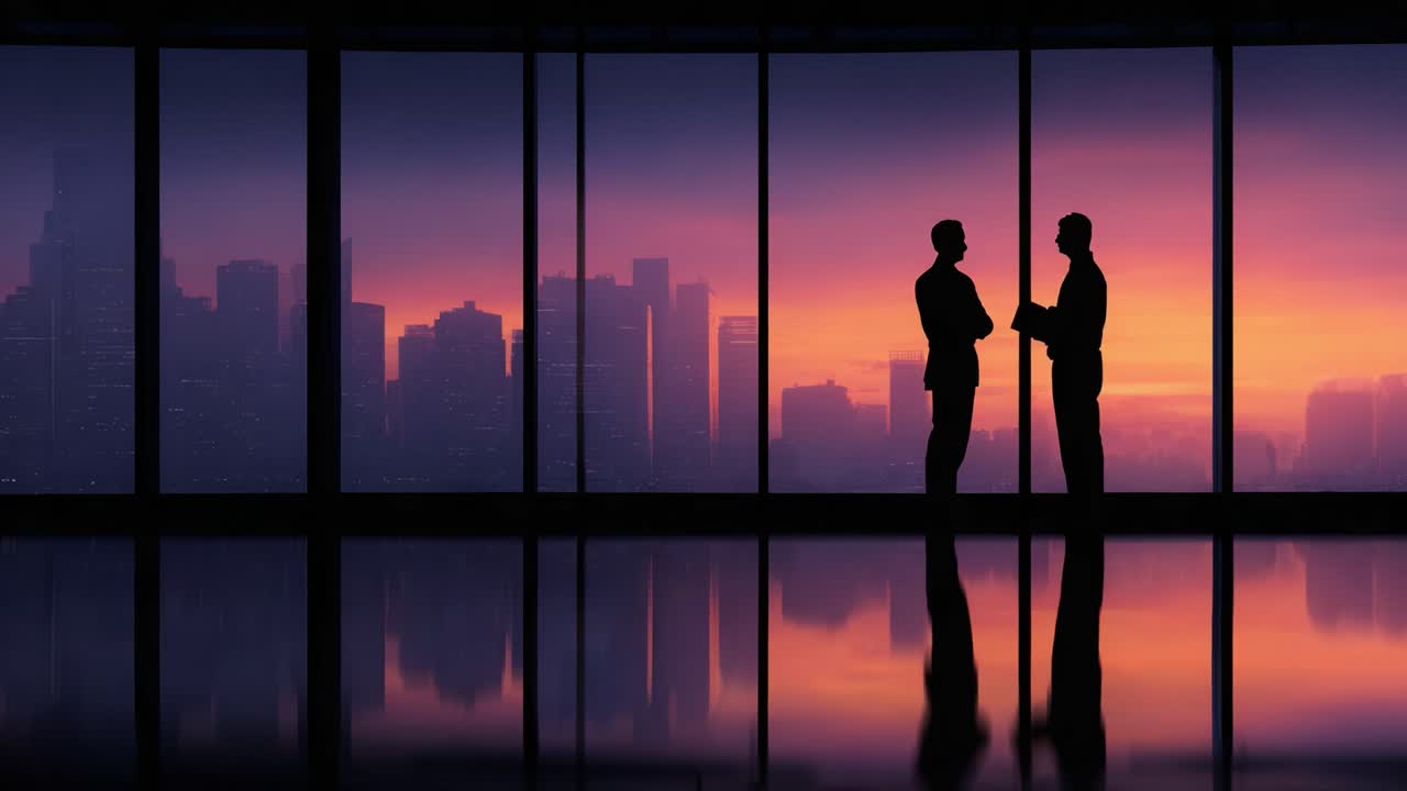 Siluetas de dos profesionales conversando con un impresionante horizonte crepuscular de fondo, que refleja ambición y colaboración en un entorno urbano.