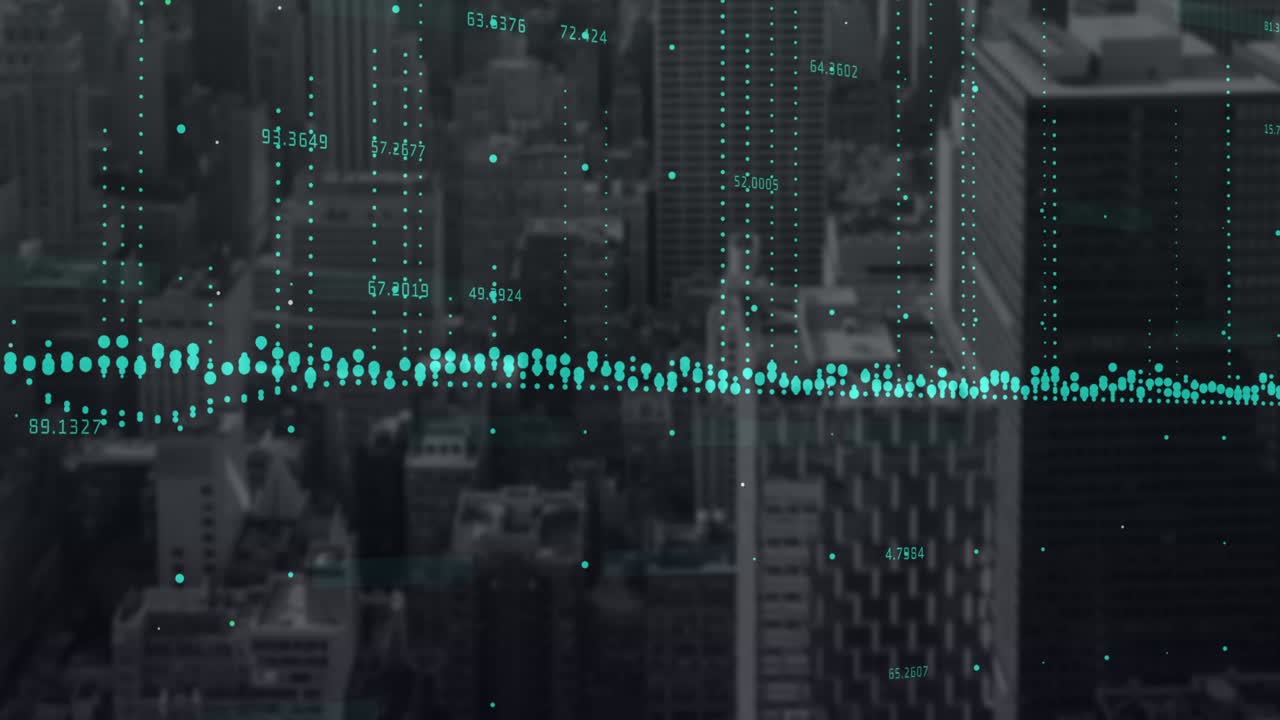 Animazione dell'elaborazione di dati finanziari su un paesaggio urbano